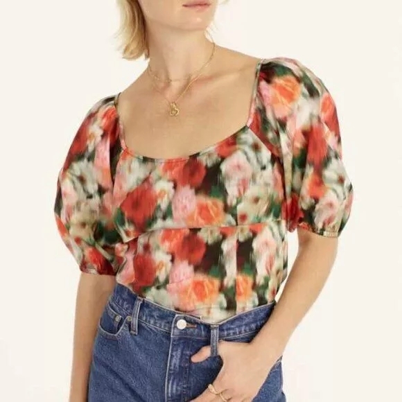 *Flaw-Rip* J Crew Squareneck top Liberty® Hazy Days Floral Short Puff Sleeve- 14 - Picture 1 of 12